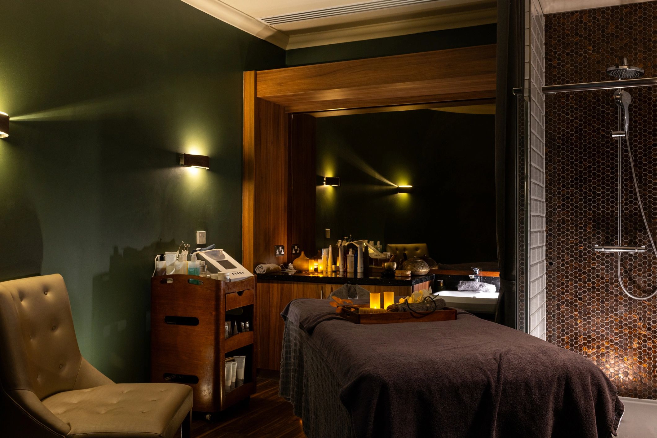 Warm luxury spa room prepared for a relaxation massage