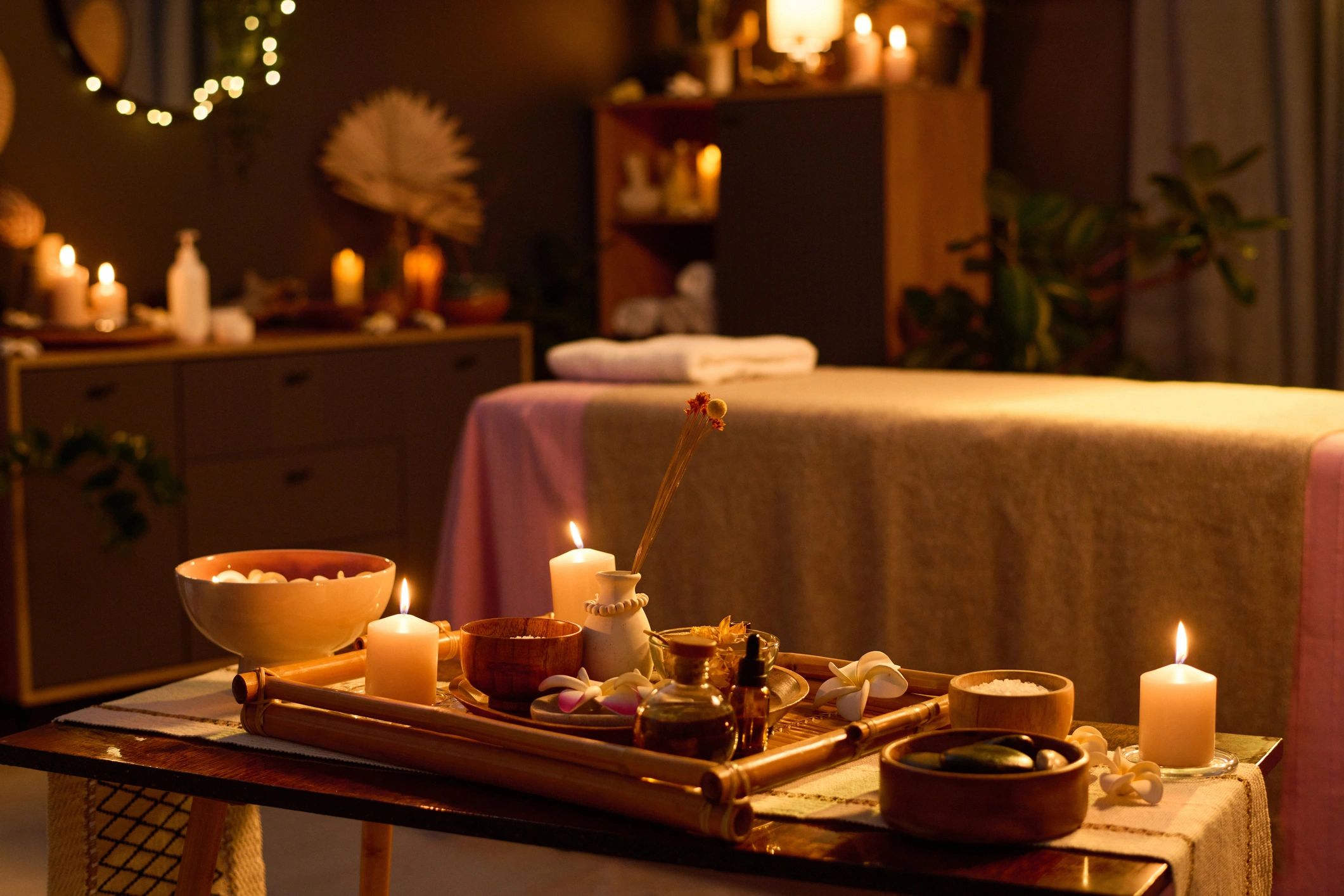 Luxury massage room with candles and a prepared treatment table